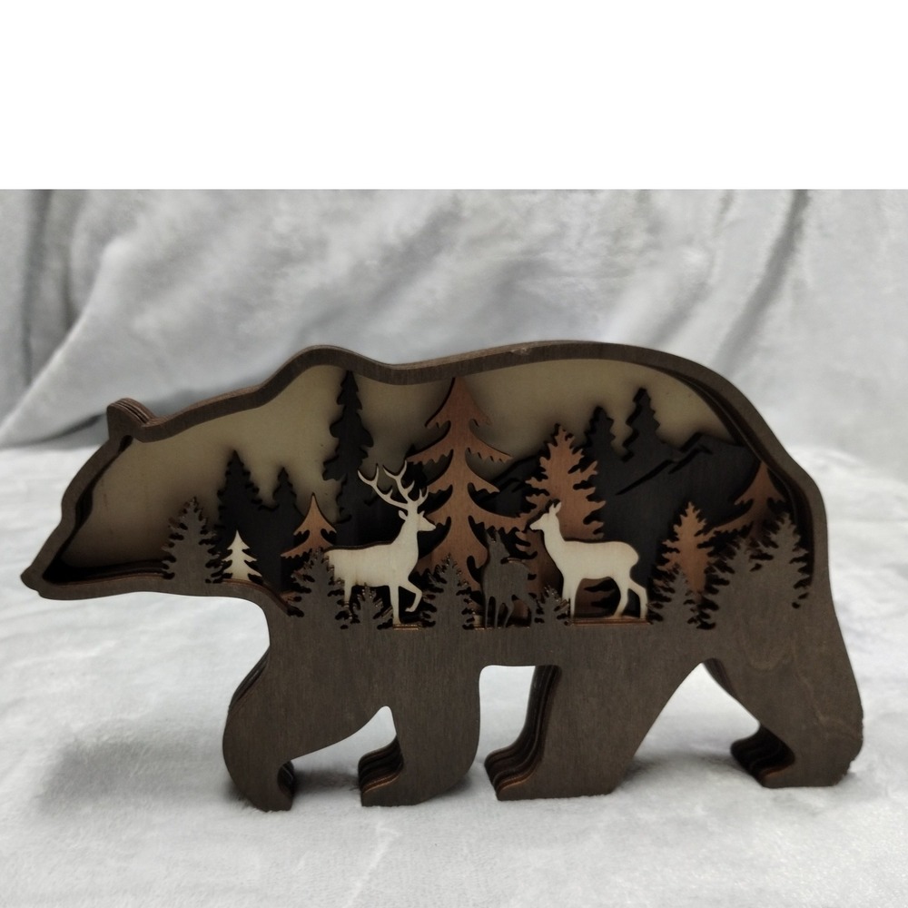 Forest Animals Wooden Bear 3D Layered Wood Sculpture Shelf Cabin Tabletop Decor